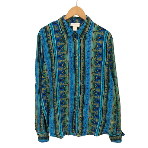 CHRISTIE & JILL シルク 100% 総柄 レギュラーカラー L/S シャツ レディース 14