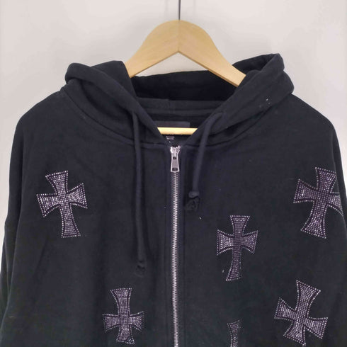 アンノウンロンドン UNKNOWN LONDON RHINESTONE CROSS ZIP-UP HOODIE ラインスト ーン クロス ジップアップ パーカー メンズ import:L