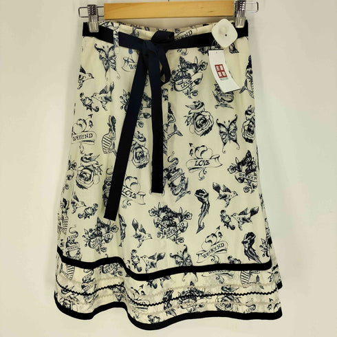マックスマーラウィーケンドライン Max Mara WEEKEND LINE 人魚 蝶々 鳥 総柄 タック レース バックリボン フレア スカート レディース 36