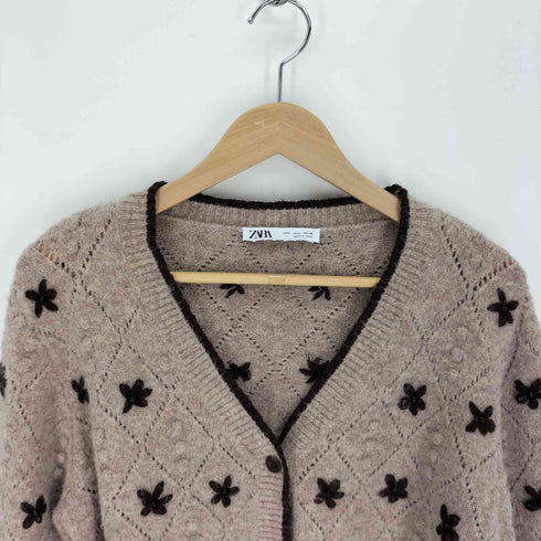 ザラ ZARA お花刺繍 ビーズ デザイン ニット カーディガン レディース import:L