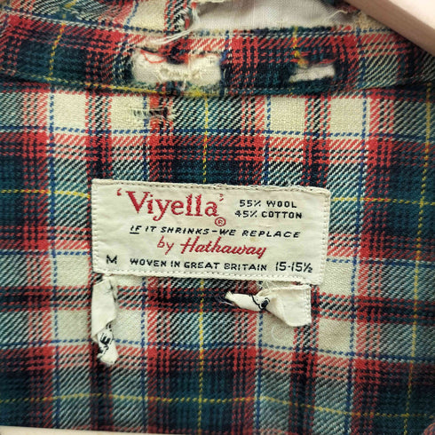 ヴィエラ Viyella 60-70S Hathaway ウール コットン 開襟 オープンカラー チェック シャツ 襤褸 ボロ メンズ 15-151/2