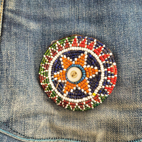 NOAH 70-80s TALON-ZIP タロンジップ サイドコーデュロイ 素材切り替え 裾ジャカード 花刺繍 コサージュ装飾 リメイク ワイドデニムパンツ メンズ