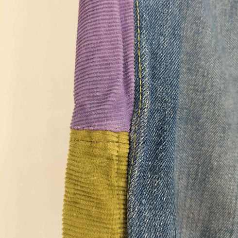 NOAH 70-80s TALON-ZIP タロンジップ サイドコーデュロイ 素材切り替え 裾ジャカード 花刺繍 コサージュ装飾 リメイク ワイドデニムパンツ メンズ