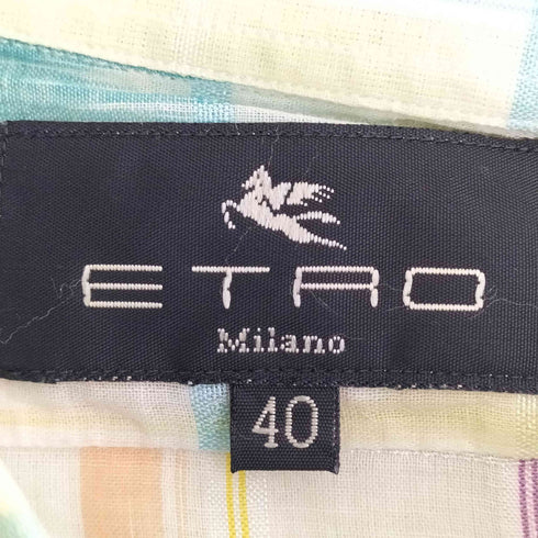 エトロミラノ ETRO MILANO イタリア製 チェック柄 ロゴ刺繍 コットンレーヨン シアーシャツ レディース 40