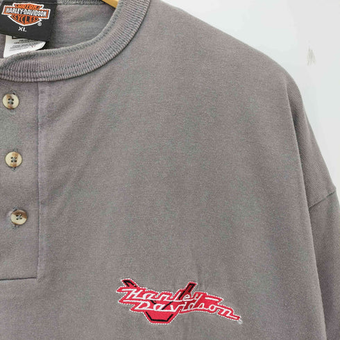 ハーレーダビッドソン HARLEY-DAVIDSON 80s USA製 袖&裾シングル ロゴ刺繍 ヘンリーネックTシャツ メンズ import:XL