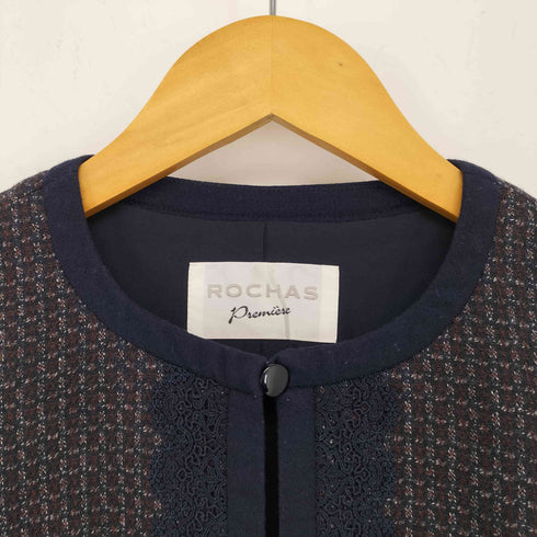 ロシャス Rochas チェック柄 レースデザイン ノーカラー ジャケット レディース 9