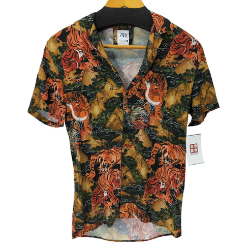 ザラ ZARA S/S レーヨン和柄アロハシャツ 虎 メンズ import:S