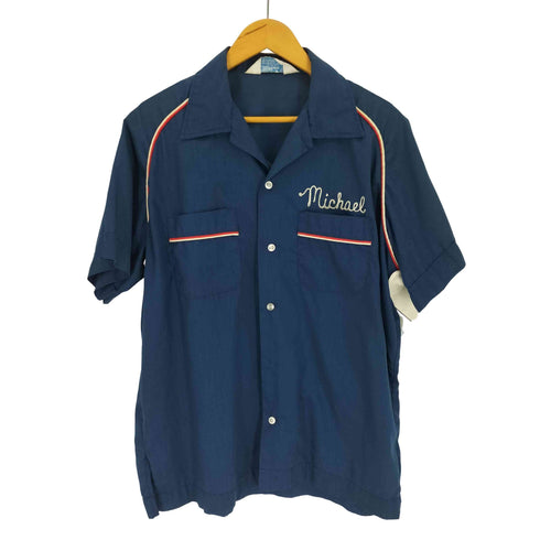 ヒルトン HILTON 70S USA製 三角タグ Michael 刺繍 ライン ラグラン スリーブ 開襟 オープンカラー S/S ボーリング シャツ メンズ import:L