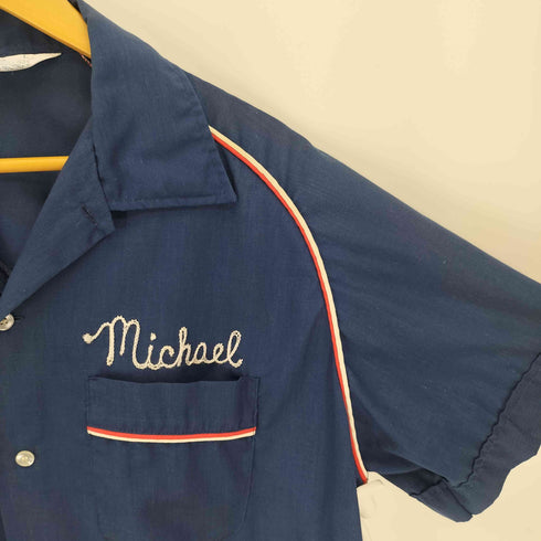 ヒルトン HILTON 70S USA製 三角タグ Michael 刺繍 ライン ラグラン スリーブ 開襟 オープンカラー S/S ボーリング シャツ メンズ import:L