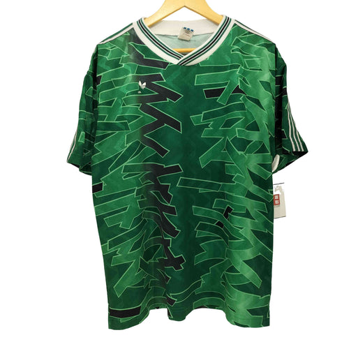 アディダスオリジナルス adidas Originals 80-90s 万国旗タグ USA製 総柄 ショルダー3ストライプ ショートスリーブサッカーゲームシャツ メンズ import:XL