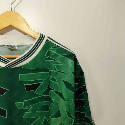 アディダスオリジナルス adidas Originals 80-90s 万国旗タグ USA製 総柄 ショルダー3ストライプ ショートスリーブサッカーゲームシャツ メンズ import:XL