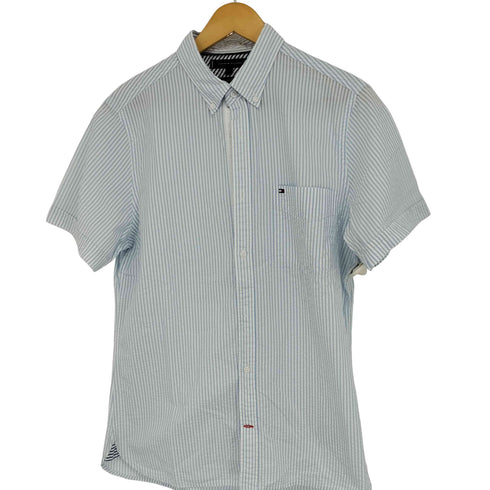 トミーヒルフィガー TOMMY HILFIGER シアサッカー半袖ストライプシャツ SLIM FIT メンズ JPN:M