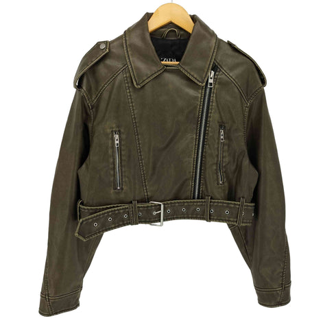 ザラ ZARA Cropped Faux Leather Biker Jacket クロップド フェイクレザー バイカージャケット レディース import:L