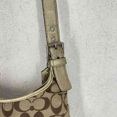 コーチ COACH シグネチャーロゴ ゴールドレザー切替キャンバスショルダーバッグ レディース
