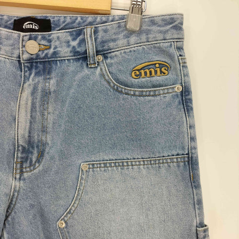 emis 25SS FRAYED EDGE DENIM SHORTS ロゴ 刺繍 ダブルニー デニム ペインター ショート パンツ ショーツ 韓国 レディース L