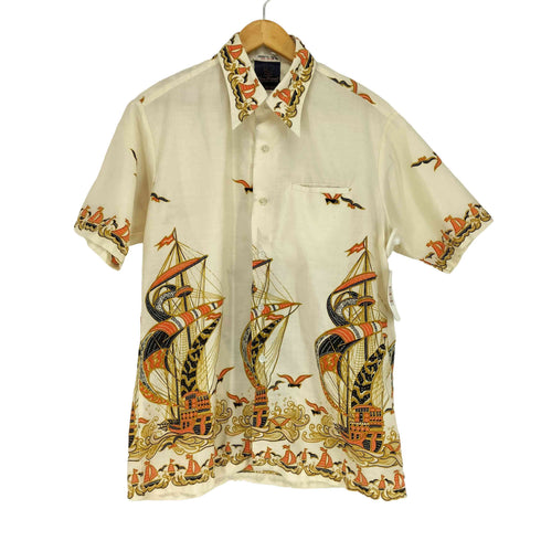70-80s Lion Brand 襟芯 総柄半袖シャツ メンズ L 16-16 1/2