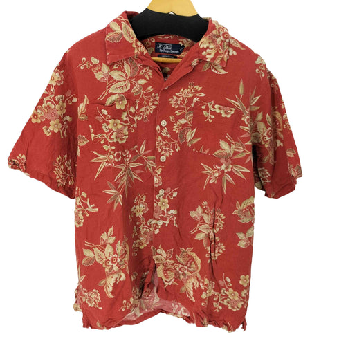 ポロバイラルフローレン Polo by RALPH LAUREN 90s VINTAGE CAMP S/S 総柄 リネン混開襟アロハシャツ メンズ JPN:L