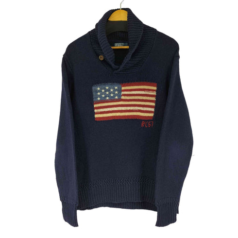 ポロバイラルフローレン Polo by RALPH LAUREN リネンコットン混フロント星条旗 タートルネックセーター ショールカラー メンズ import:L