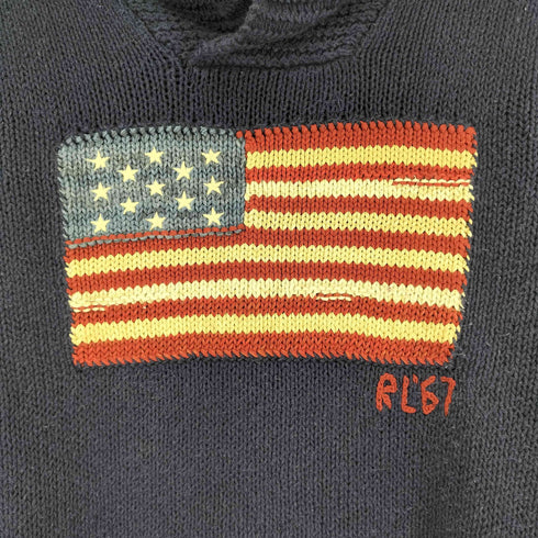 ポロバイラルフローレン Polo by RALPH LAUREN リネンコットン混フロント星条旗 タートルネックセーター ショールカラー メンズ import:L