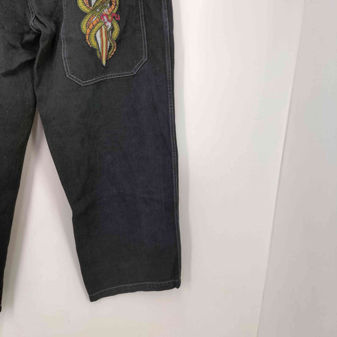 MACHINE JEANS CO. ドラゴン刺繍 ブラック バギーデニム パンツ メンズ 38/30