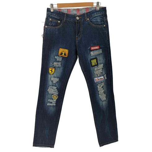 ワッペン ダメージ加工テーパードスリムデニムパンツ メンズ US:32-33