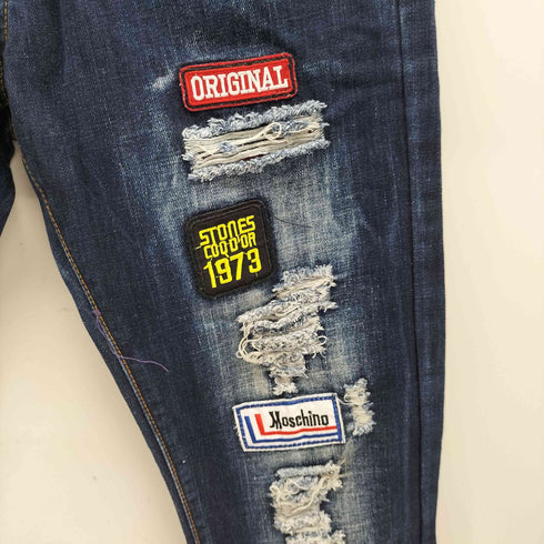 ワッペン ダメージ加工テーパードスリムデニムパンツ メンズ US:32-33