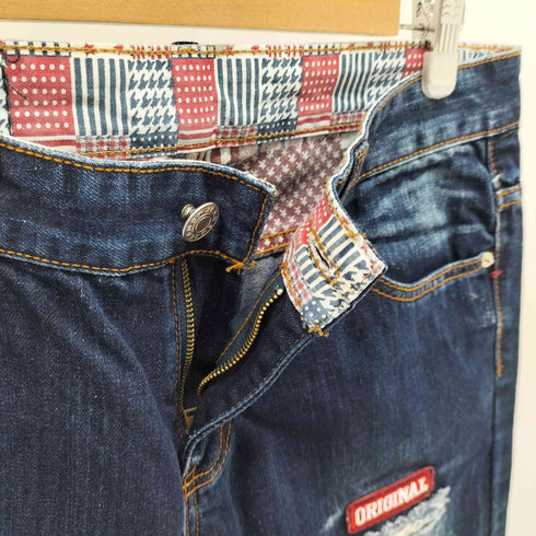 ワッペン ダメージ加工テーパードスリムデニムパンツ メンズ US:32-33