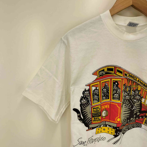 クレイジーシャツ CRAZY SHIRTS 90S USA製 クリバンキャット フラ プリント S/S クルーネック Tシャツ シングルステッチ レディース import:S