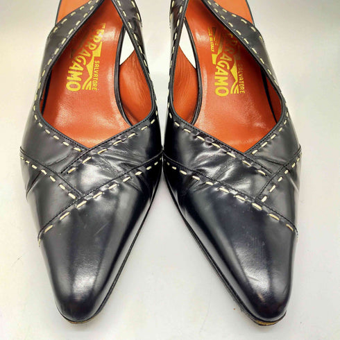 サルヴァトーレフェラガモ Salvatore Ferragamo イタリア製 Vibramソール ステッチデザイン バックストラップ ヒールパンプス レディース 7-1/2