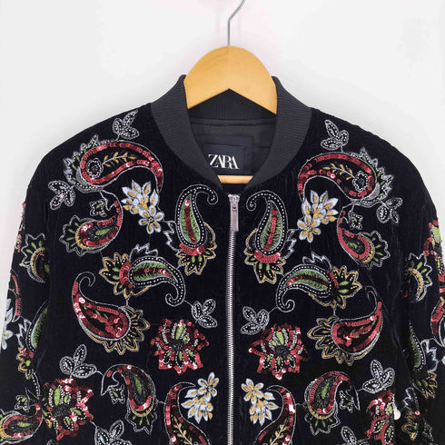 ザラ ZARA ペイズリー柄 フラワー スパンコール 刺繍 ベロア ジップアップ ブルゾン ジャケット メンズ import:L