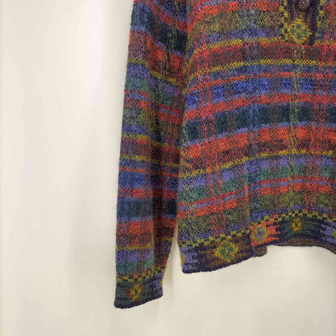 ミッソーニ MISSONI イタリア製 マルチ チェック ショール カラー ローゲージ プルオーバー ポロ ニット レディース