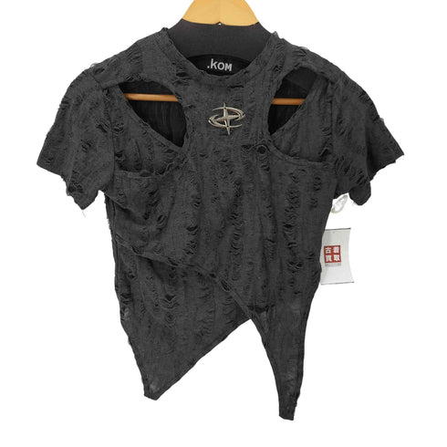 ドットコム .KOM S/S カットアウトダメージ加工Tシャツ レディース