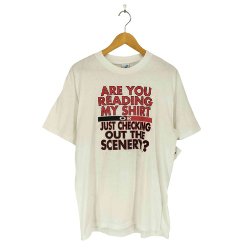 USA製 袖シングル ARE YOU READING MY SHIRT フロントプリントクルーネックTシャツ メンズ JPN:XL