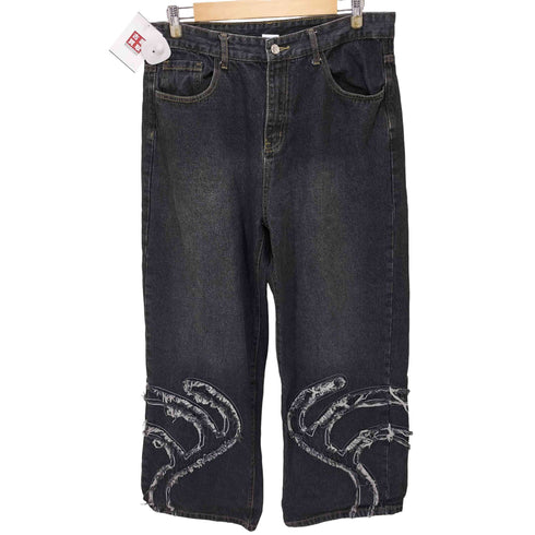 new wave street culture 裾ダメージデザイン ワイドデニムパンツ メンズ US:34-35