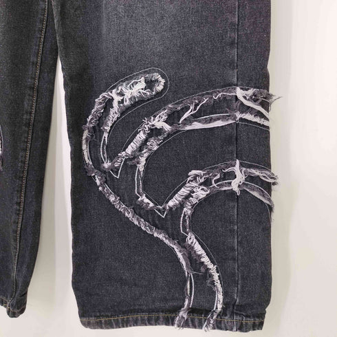 new wave street culture 裾ダメージデザイン ワイドデニムパンツ メンズ US:34-35