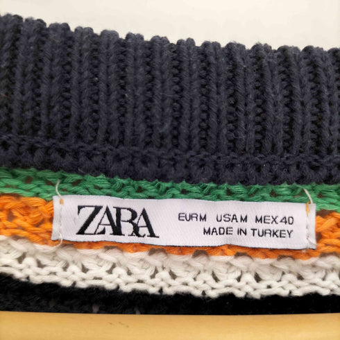 ザラ ZARA ボーダー柄 マルチカラー 透け編み L/S クルーネック ニット セーター メンズ import:M