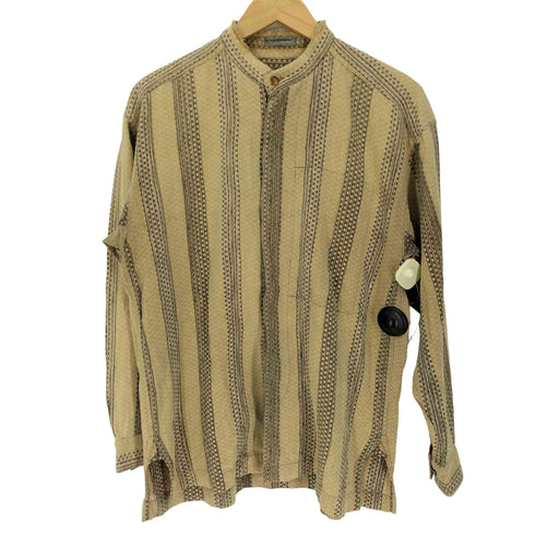 イッセイミヤケ ISSEY MIYAKE 80S 筆タグ バンドネック 比翼 総柄 ストライプ L/S コットン シャツ メンズ