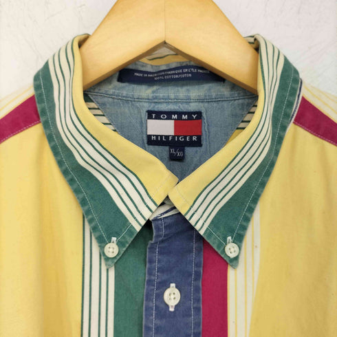 トミーヒルフィガー TOMMY HILFIGER エンブレム刺繍 マルチカラーストライプ 半袖BDシャツ メンズ JPN:XL