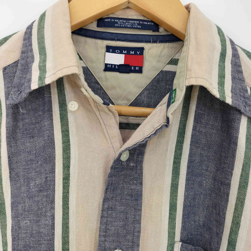 トミーヒルフィガー TOMMY HILFIGER 90s フラッグタグ エンブレム刺繍 リネンコットン ストライプボタンダウンシャツ メンズ S/P