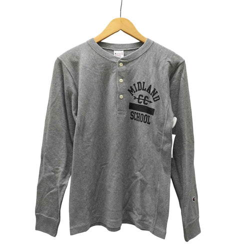 チャンピオン Champion 刺繍タグ REVERSE WEAVE リバースウィーブ カレッジプリント ヘンリーネック 猫目ボタン カットソー ロンT 袖目付き メンズ import:M