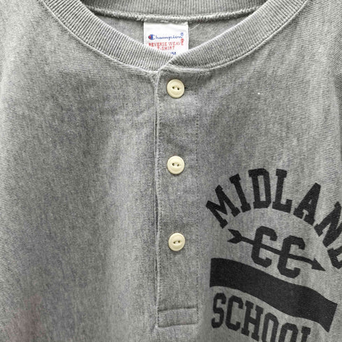 チャンピオン Champion 刺繍タグ REVERSE WEAVE リバースウィーブ カレッジプリント ヘンリーネック 猫目ボタン カットソー ロンT 袖目付き メンズ import:M