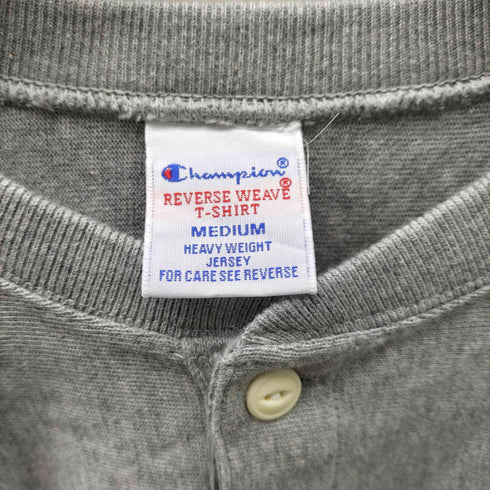 チャンピオン Champion 刺繍タグ REVERSE WEAVE リバースウィーブ カレッジプリント ヘンリーネック 猫目ボタン カットソー ロンT 袖目付き メンズ import:M