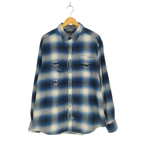 クラフトアンドバロー Croft&Barrow 00S オンブレチェックダメージ加工ボタンダウン長袖ネルシャツ メンズ import:L