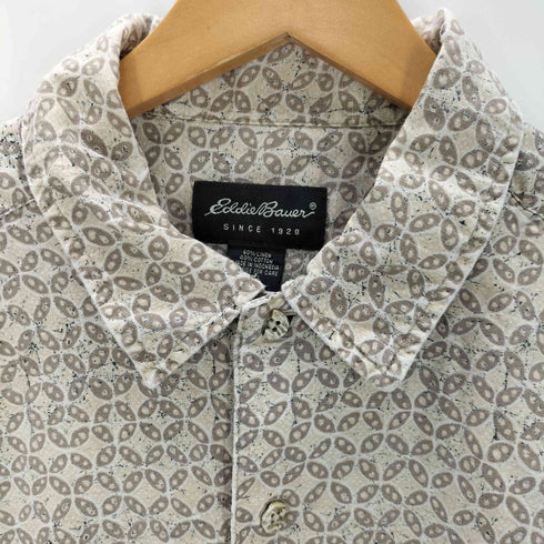 エディーバウアー Eddie Bauer 90-00S リーフ柄 総柄 リネン コットン S/S シャツ メンズ import:L
