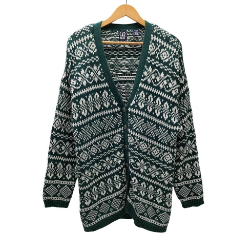 ギャップ Gap 90S OLD デカタグ ノルディック柄 総柄 メタルボタン ローゲージ ニット カーディガン メンズ import:M