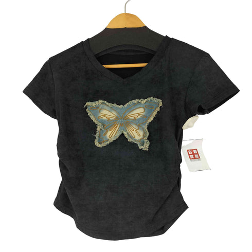 サイドシャーリングフロントバタフライデザイン S/S VネックTシャツ レディース JPN:M
