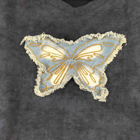 サイドシャーリングフロントバタフライデザイン S/S VネックTシャツ レディース JPN:M