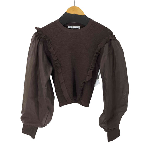 ザラ ZARA パフスリーブ トップス クルーネック フリルブラウス レディース import:M