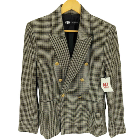 ザラ ZARA Houndstooth Tweed Blazer Gold Buttons 千鳥格子 金釦 ダブルブレスト ツイード ジャケット レディース import:L