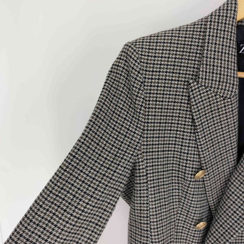 ザラ ZARA Houndstooth Tweed Blazer Gold Buttons 千鳥格子 金釦 ダブルブレスト ツイード ジャケット レディース import:L